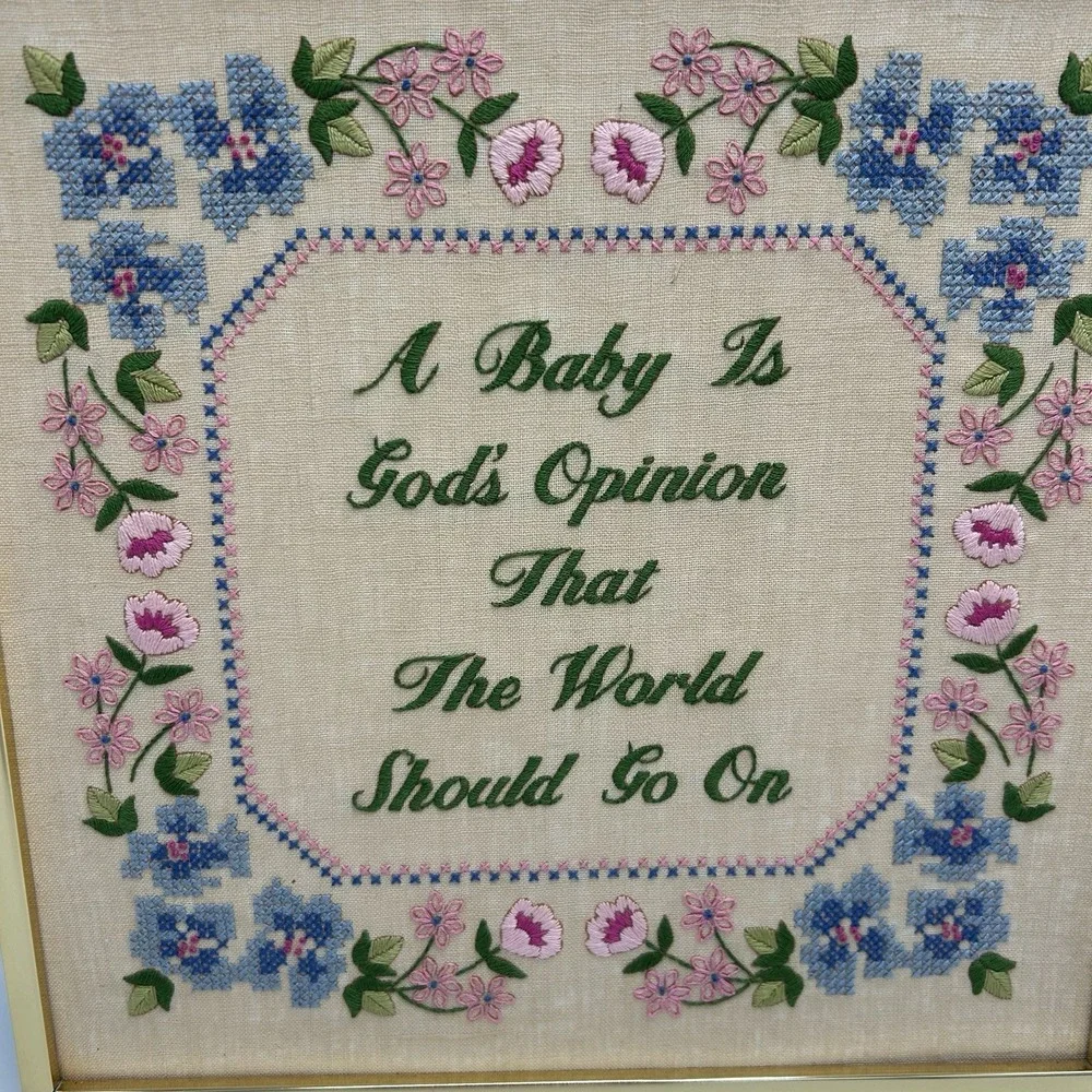 Vintage Needlepoint Embroidery Floral Text Gallery Wall Art Wood Frame beautiful